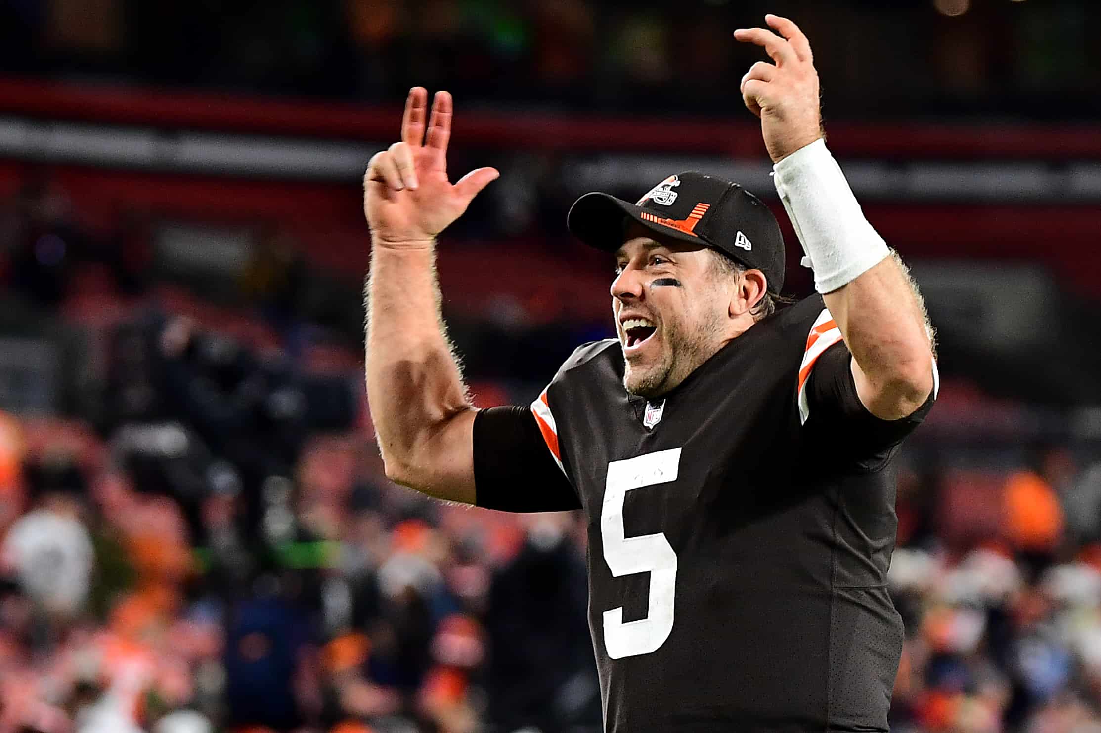 Quarterback Case Keenum #5 of the Cleveland Browns celebrates the Browns win over the Denver Broncos at FirstEnergy Stadium on October 21, 2021 in Cleveland, Ohio.