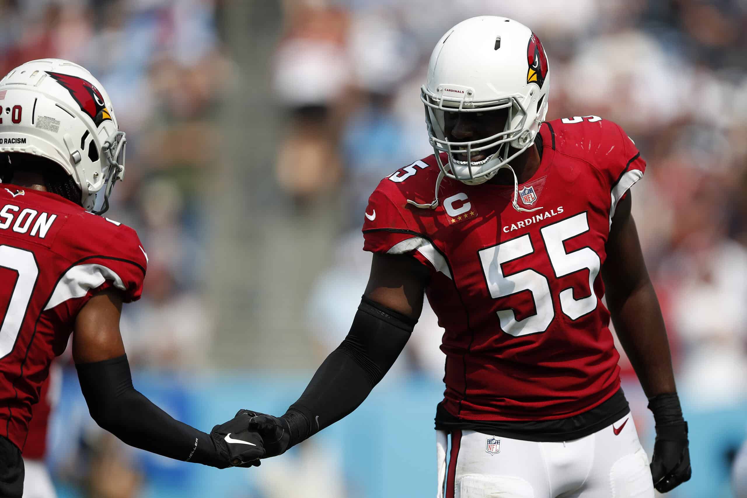 Chandler Jones #55 of the Arizona Cardinals reacts during the game against the Tennessee Titans at Nissan Stadium on September 12, 2021 in Nashville, Tennessee