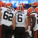 Baker Mayfield #6 of the Cleveland Browns at SoFi Stadium on October 10, 2021 in Inglewood, California.