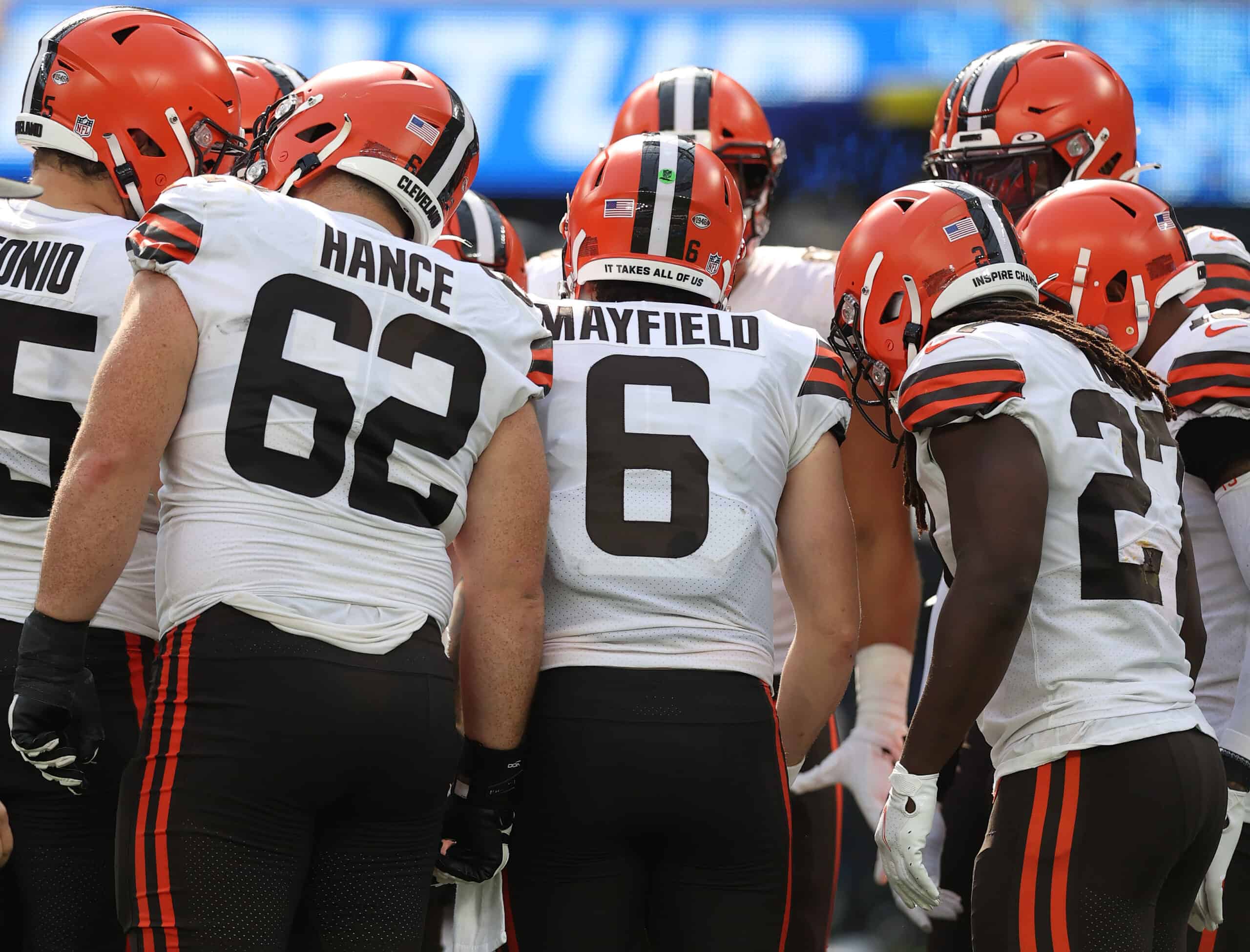 Baker Mayfield #6 of the Cleveland Browns at SoFi Stadium on October 10, 2021 in Inglewood, California. 