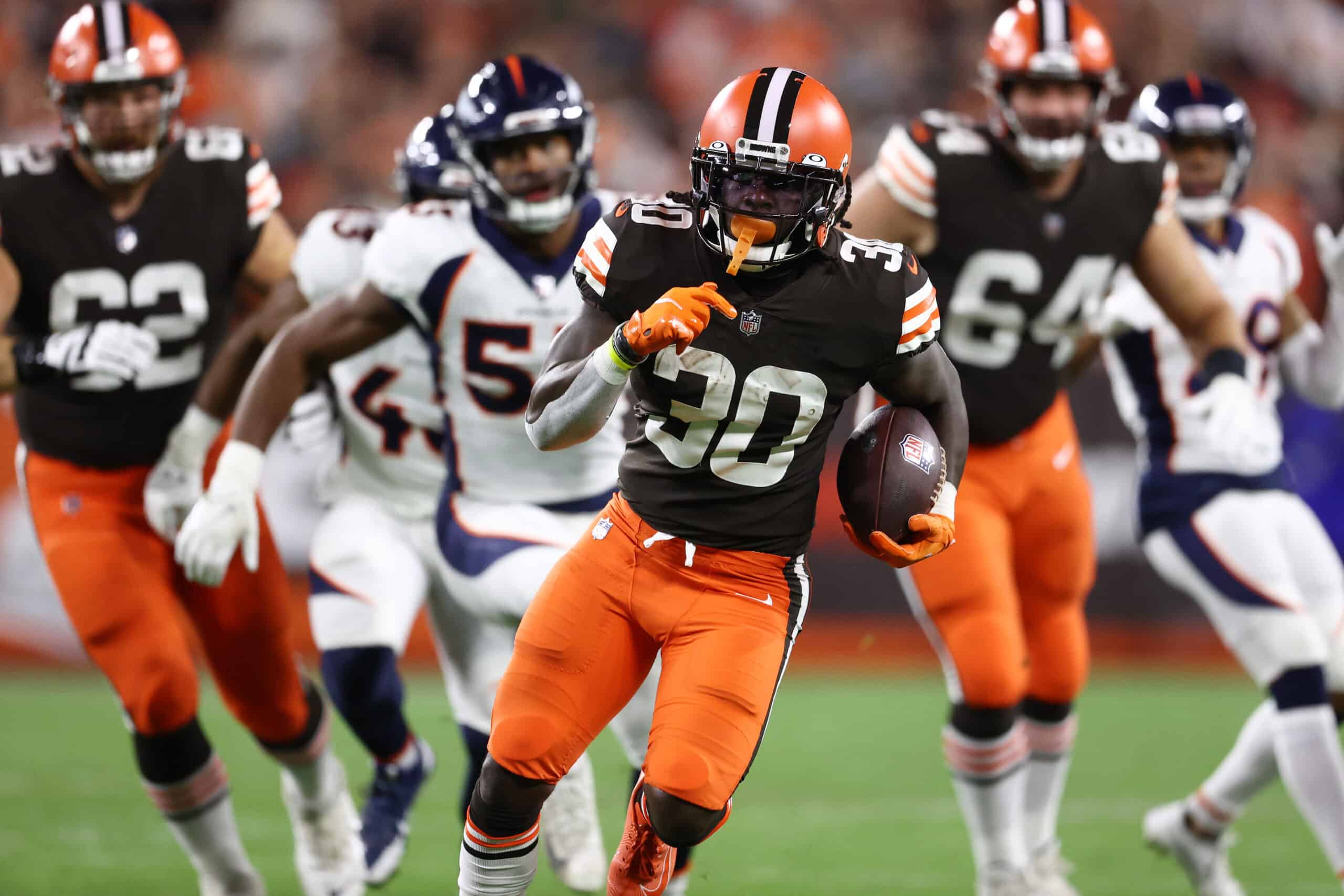 D'Ernest Johnson #30 of the Cleveland Browns plays against the Denver Broncos at FirstEnergy Stadium on October 21, 2021 in Cleveland, Ohio. 