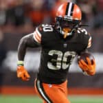 D'Ernest Johnson #30 of the Cleveland Browns plays against the Denver Broncos at FirstEnergy Stadium on October 21, 2021 in Cleveland, Ohio.