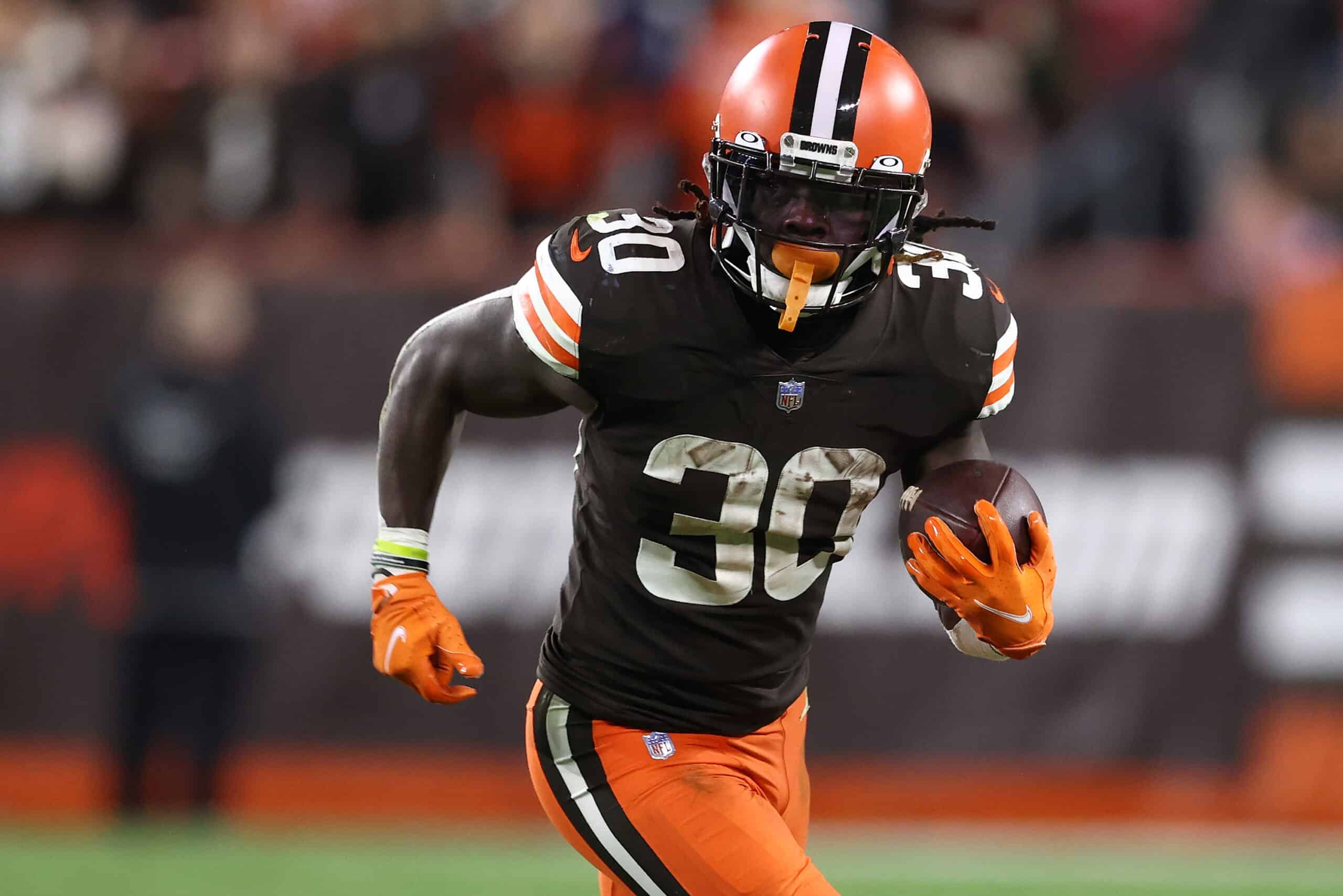 D'Ernest Johnson #30 of the Cleveland Browns plays against the Denver Broncos at FirstEnergy Stadium on October 21, 2021 in Cleveland, Ohio.