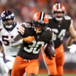 Running back D'Ernest Johnson #30 of the Cleveland Browns runs with the ball after making a first quarter pass against the Denver Broncos at FirstEnergy Stadium on October 21, 2021 in Cleveland, Ohio.
