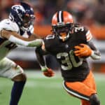 D'Ernest Johnson #30 of the Cleveland Browns plays against the Denver Broncos at FirstEnergy Stadium on October 21, 2021 in Cleveland, Ohio.