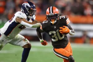 D'Ernest Johnson #30 of the Cleveland Browns plays against the Denver Broncos at FirstEnergy Stadium on October 21, 2021 in Cleveland, Ohio.