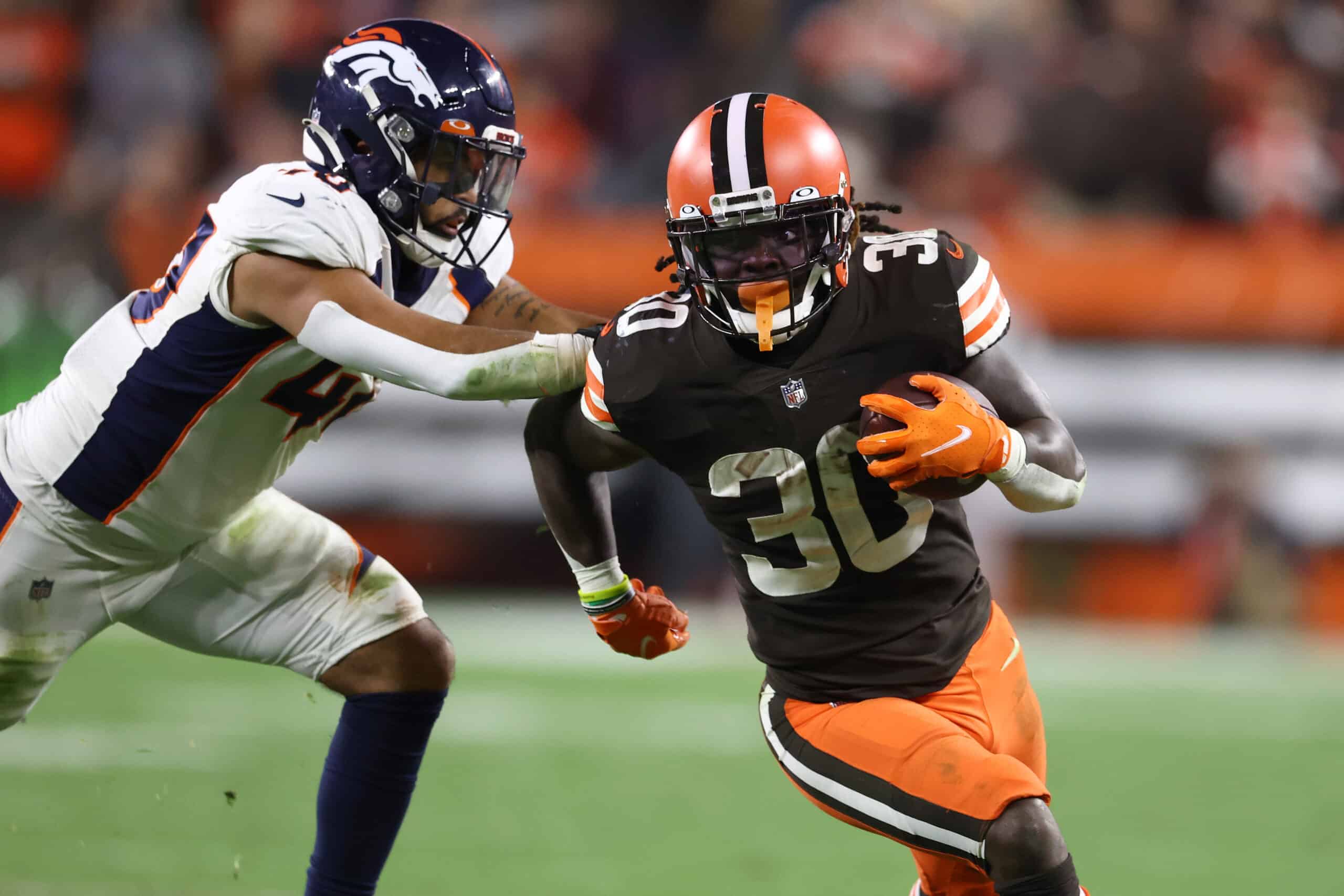 D'Ernest Johnson #30 of the Cleveland Browns plays against the Denver Broncos at FirstEnergy Stadium on October 21, 2021 in Cleveland, Ohio.