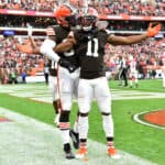 Donovan Peoples-Jones #11 of the Cleveland Browns celebrates after a touchdown reception to end the first half against the Arizona Cardinals at FirstEnergy Stadium on October 17, 2021 in Cleveland, Ohio.