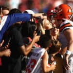 Quarterback Baker Mayfield #6 of the Cleveland Browns kisses Emily Wilkinson before the game against the Francisco 49ers at Levi's Stadium on October 07, 2019 in Santa Clara, California.