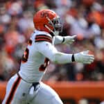 Myles Garrett #95 of the Cleveland Browns celebrates a sack during the second quarter in the game against the Chicago Bears at FirstEnergy Stadium on September 26, 2021 in Cleveland, Ohio.