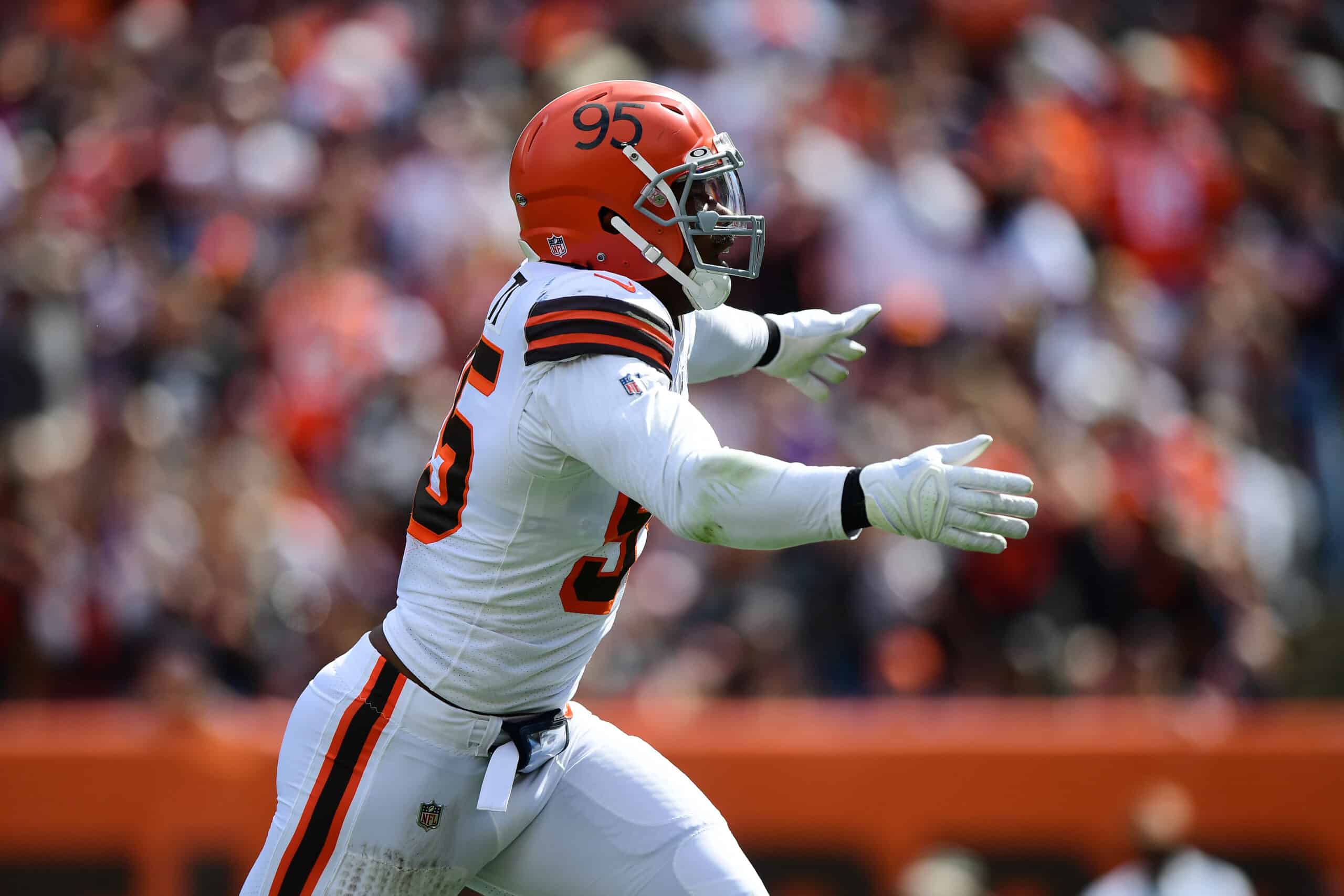 Myles Garrett #95 of the Cleveland Browns celebrates a sack during the second quarter in the game against the Chicago Bears at FirstEnergy Stadium on September 26, 2021 in Cleveland, Ohio.