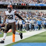 Rashard Higgins #82 of the Cleveland Browns catches the ball for a touchdown to tie the game during the second quarter against the Los Angeles Chargers at SoFi Stadium on October 10, 2021 in Inglewood, California.