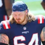 Hjalte Froholdt #64 of the New England Patriots stands on the sideline during the first half against the Miami Dolphins at Gillette Stadium on September 13, 2020 in Foxborough, Massachusetts.