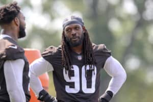 Cleveland Browns defensive end Jadeveon Clowney (90) during the Cleveland Browns Training Camp on August 7, 2021, at the at the Cleveland Browns Training Facility in Berea, Ohio