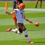 Punter Jamie Gillan #7 of the Cleveland Browns works out during training camp at FirstEnergy Stadium on August 30, 2020 in Cleveland, Ohio.