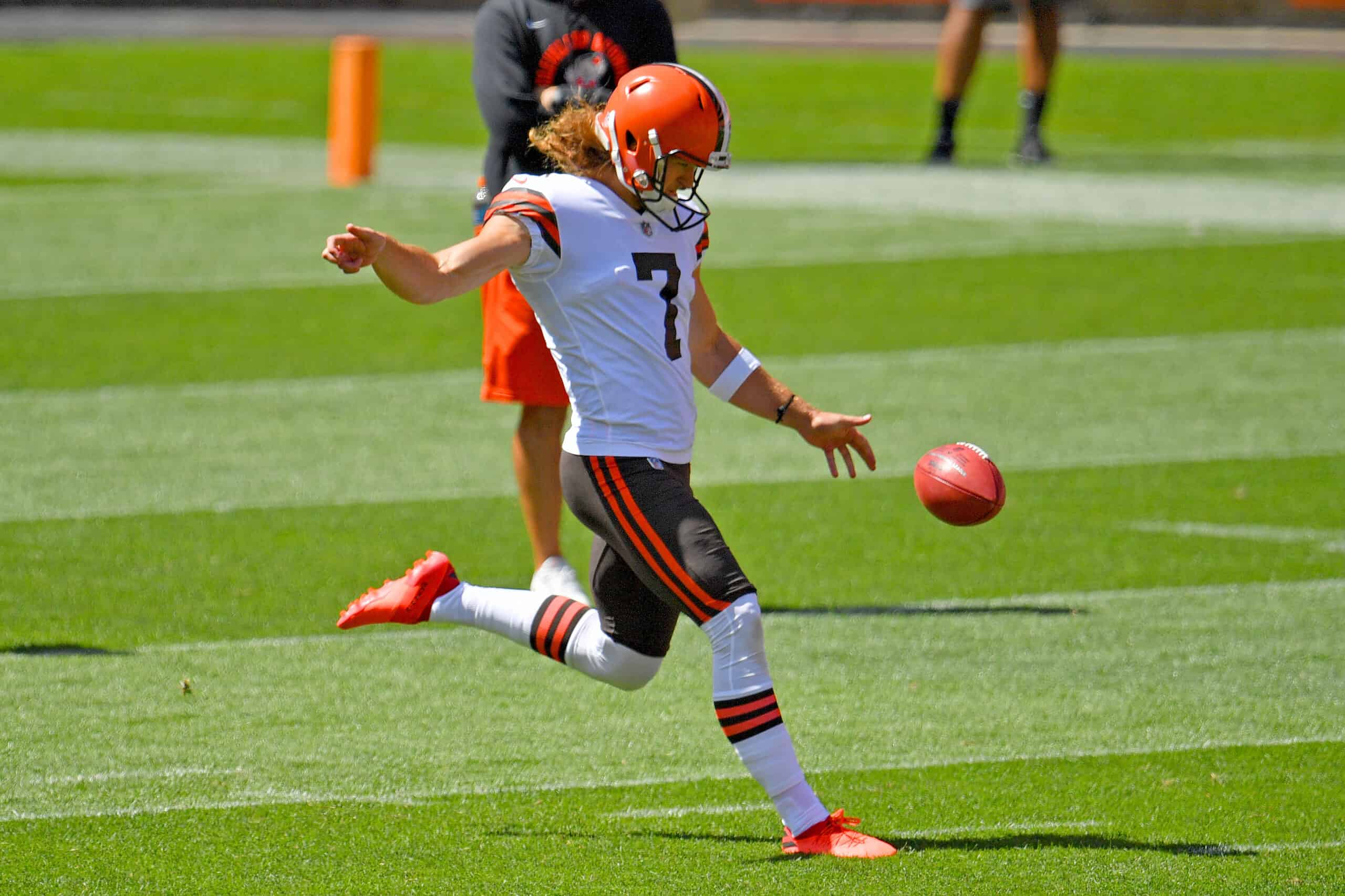 Punter Jamie Gillan #7 of the Cleveland Browns works out during training camp at FirstEnergy Stadium on August 30, 2020 in Cleveland, Ohio. 