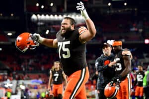 Guard Joel Bitonio #75 of the Cleveland Browns celebrates the Browns win over the Denver Broncos at FirstEnergy Stadium on October 21, 2021 in Cleveland, Ohio.