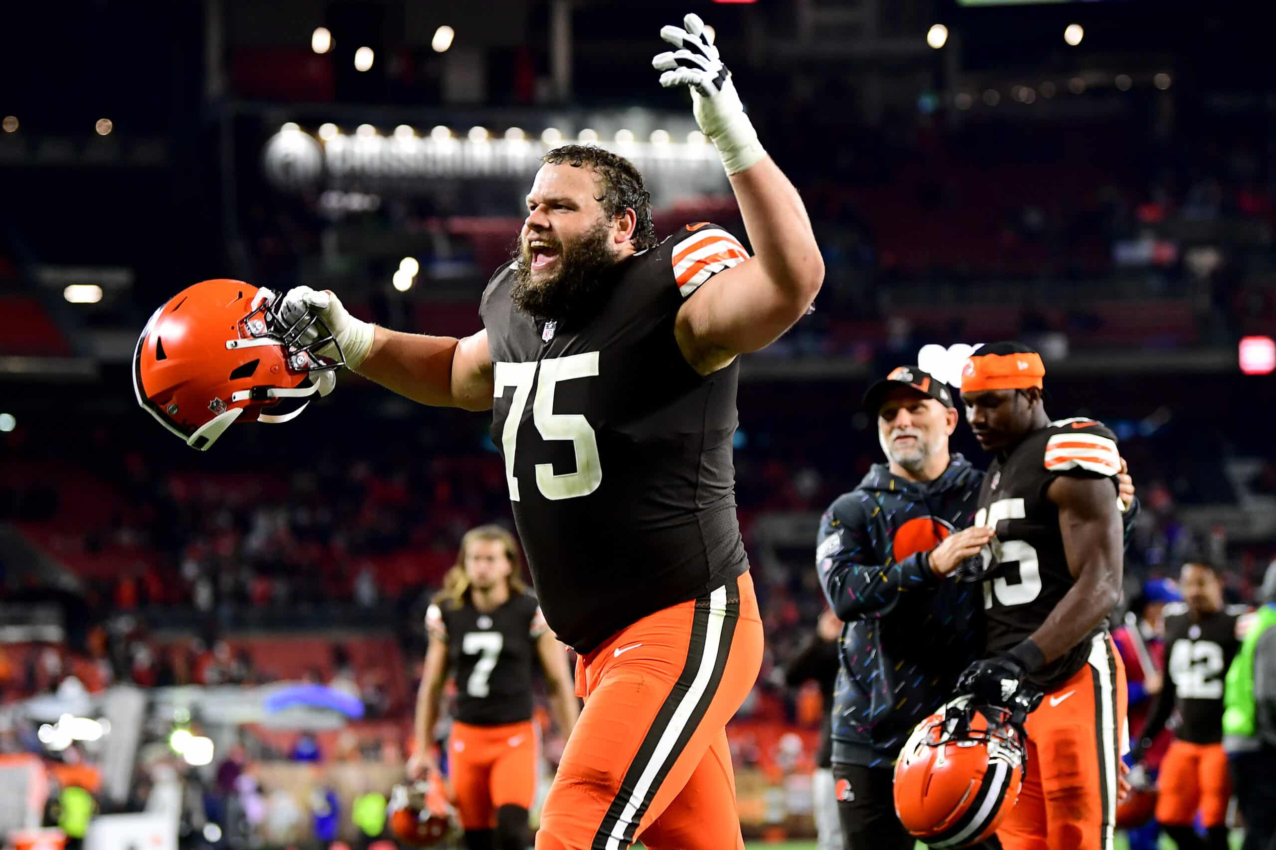 Guard Joel Bitonio #75 of the Cleveland Browns celebrates the Browns win over the Denver Broncos at FirstEnergy Stadium on October 21, 2021 in Cleveland, Ohio.