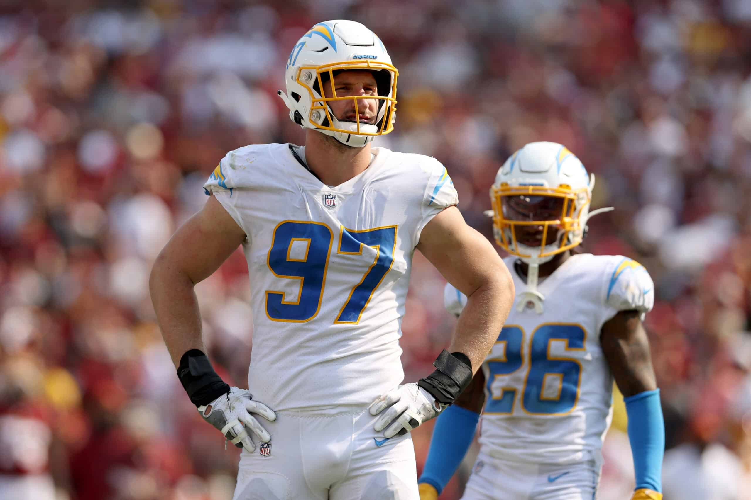 Joey Bosa #97 of the Los Angeles Chargers looks on during the second half against the Washington Football Team at FedExField on September 12, 2021 in Landover, Maryland.