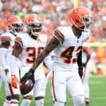 John Johnson #43 of the Cleveland Browns reacts after his interception was overturned during the third quarter in the game against the Chicago Bears at FirstEnergy Stadium on September 26, 2021 in Cleveland, Ohio.