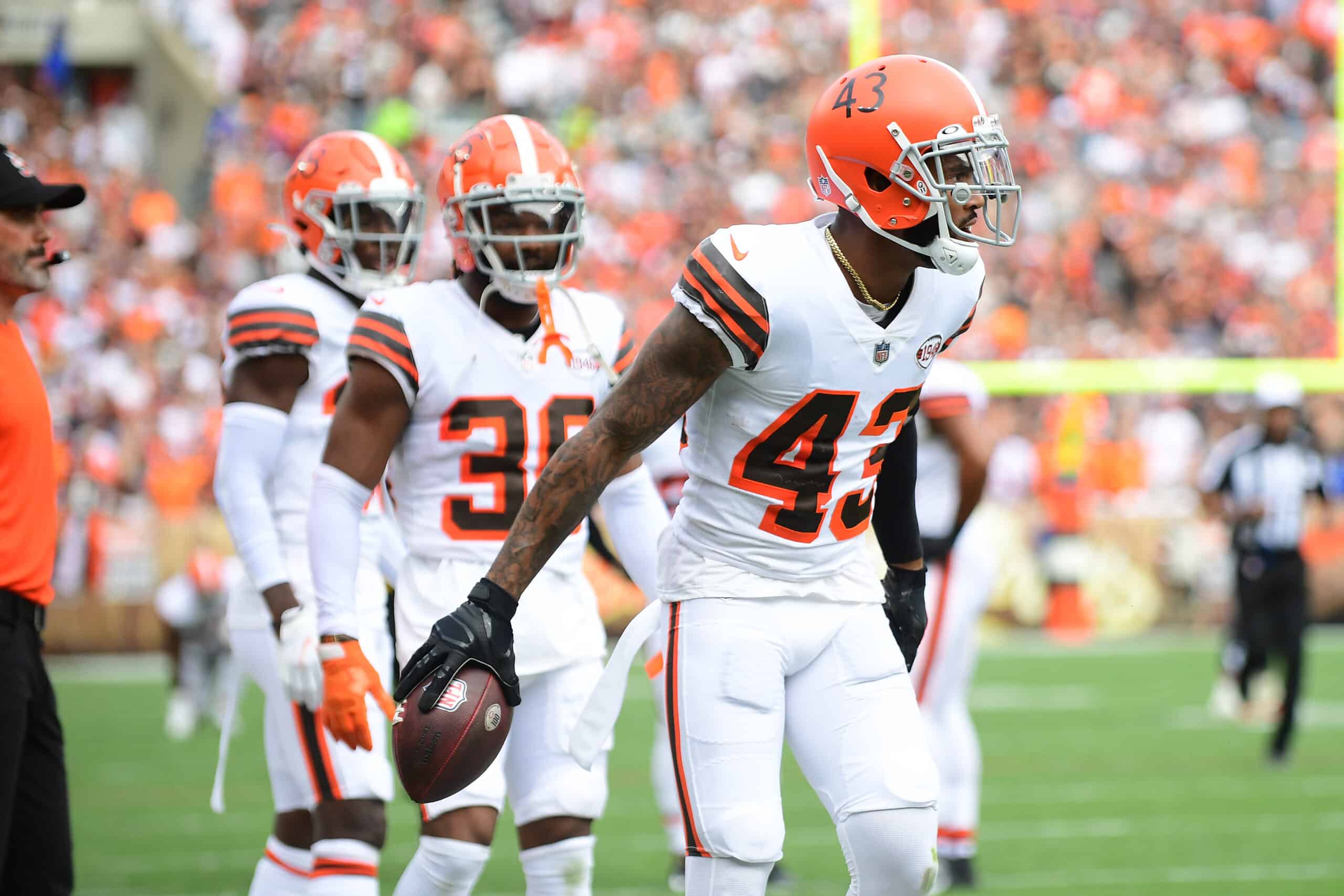 John Johnson #43 of the Cleveland Browns reacts after his interception was overturned during the third quarter in the game against the Chicago Bears at FirstEnergy Stadium on September 26, 2021 in Cleveland, Ohio.