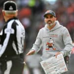 Head coach Kevin Stefanski of the Cleveland Browns reacts to a call by referee Jeff Triplette #42 during the first quarter against the Arizona Cardinals at FirstEnergy Stadium on October 17, 2021 in Cleveland, Ohio.