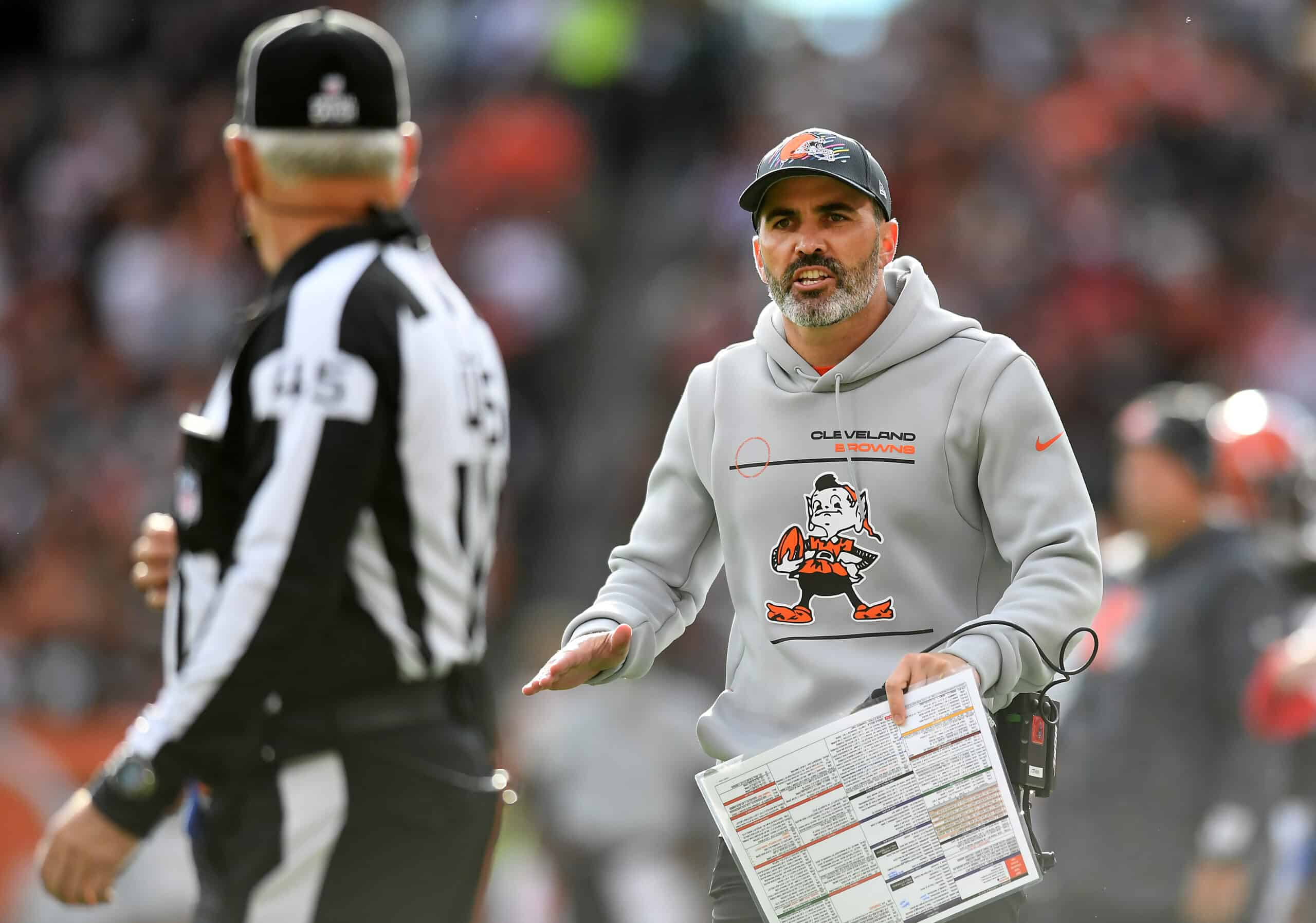 Head coach Kevin Stefanski of the Cleveland Browns reacts to a call by referee Jeff Triplette #42 during the first quarter against the Arizona Cardinals at FirstEnergy Stadium on October 17, 2021 in Cleveland, Ohio.