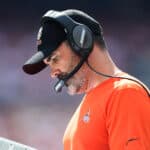 Head coach Kevin Stefanski of the Cleveland Browns calls a play during the first half in the game against the Chicago Bears at FirstEnergy Stadium on September 26, 2021 in Cleveland, Ohio.