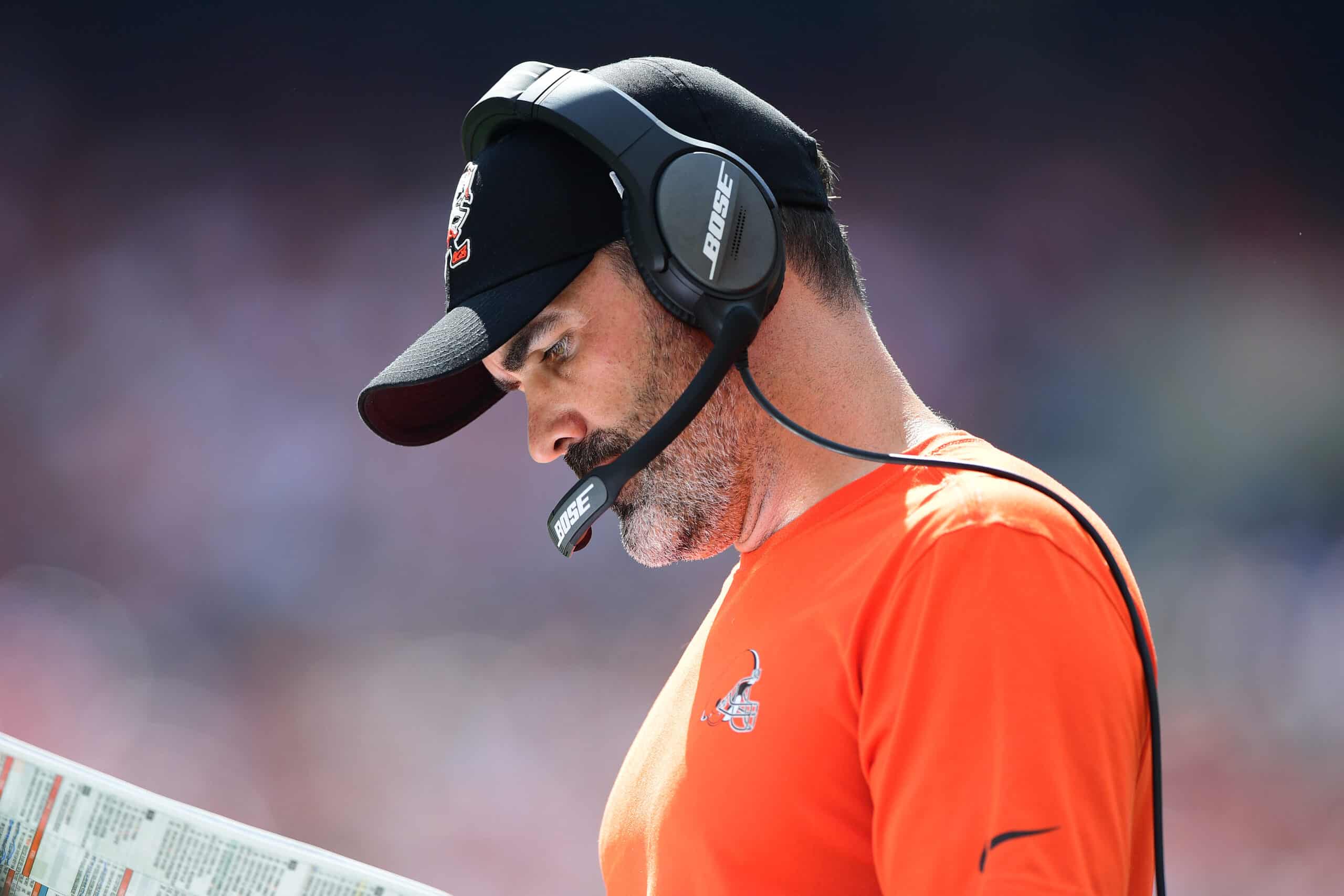 Head coach Kevin Stefanski of the Cleveland Browns calls a play during the first half in the game against the Chicago Bears at FirstEnergy Stadium on September 26, 2021 in Cleveland, Ohio.