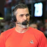 Browns head coach Kevin Stefanski during a tv interview prior to the final preseason NFL game between the Cleveland Browns and the Atlanta Falcons on August 29, 2021 at the Mercedes-Benz Stadium in Atlanta, Georgia.