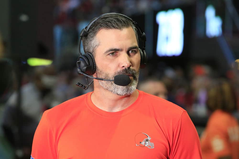 Browns head coach Kevin Stefanski during a tv interview prior to the final preseason NFL game between the Cleveland Browns and the Atlanta Falcons on August 29, 2021 at the Mercedes-Benz Stadium in Atlanta, Georgia.