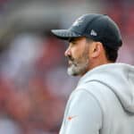 Head coach Kevin Stefanski of the Cleveland Browns looks on prior to the game against the Arizona Cardinals at FirstEnergy Stadium on October 17, 2021 in Cleveland, Ohio.