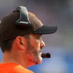 Head coach Kevin Stefanski of the Cleveland Browns looks on during the second half against the Los Angeles Chargers at SoFi Stadium on October 10, 2021 in Inglewood, California.