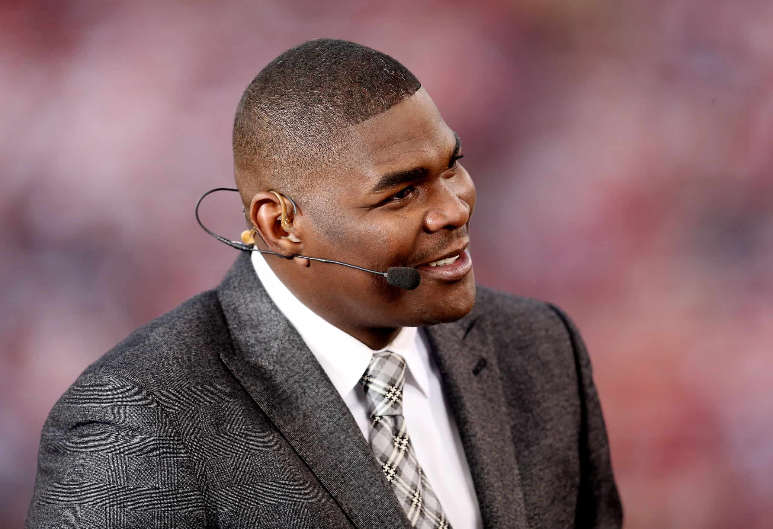 ESPN personality Keyshawn Johnson looks on before the last regular season game played at Candlestick Park between the San Francisco 49ers and the Atlanta Falcons on December 23, 2013 in San Francisco, California.