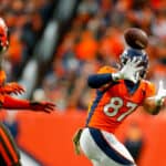 Tight end Noah Fant #87 of the Denver Broncos catches a pass in front of linebacker Mack Wilson #51 of the Cleveland Browns during the third quarter at Empower Field at Mile High on November 3, 2019 in Denver, Colorado. The Broncos defeated the Browns 24-19.