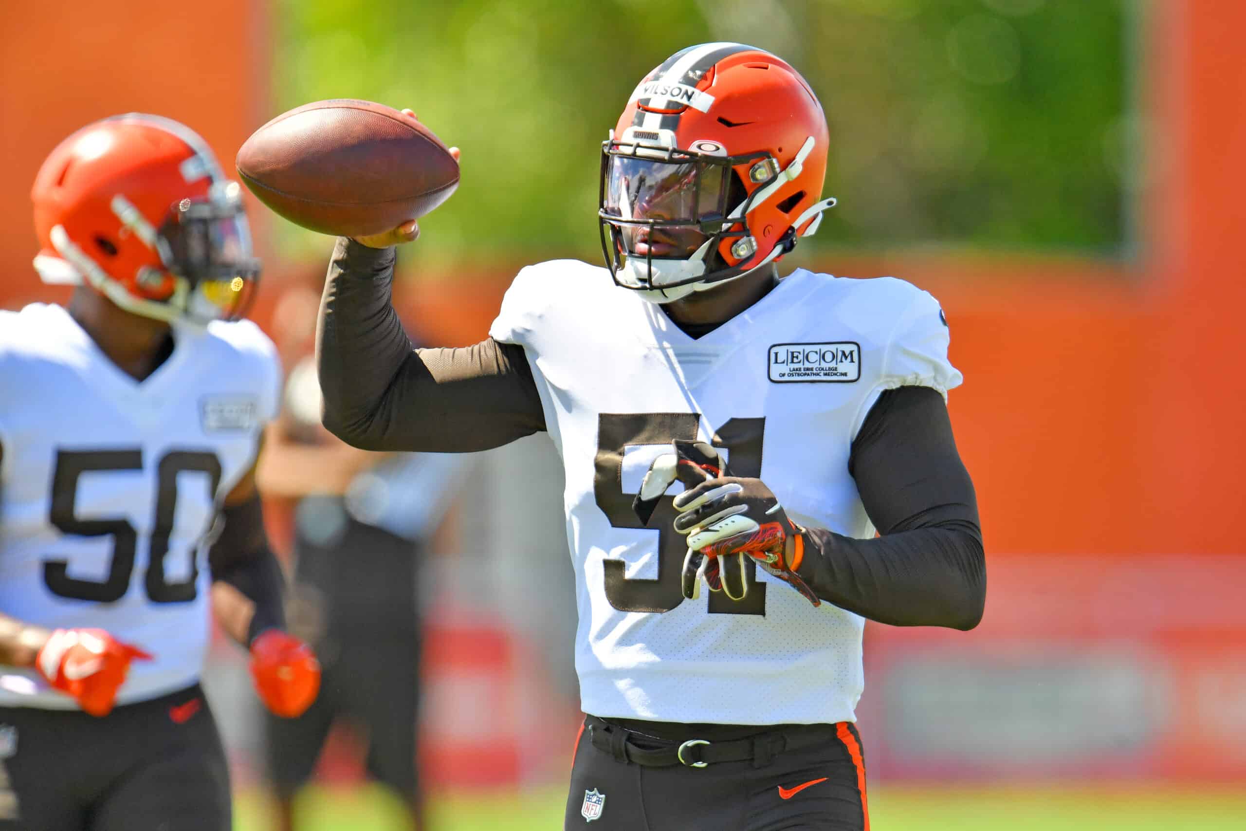 Linebacker Mack Wilson #51 of the Cleveland Browns works out during an NFL training camp at the Browns training facility on August 18, 2020 in Berea, Ohio.