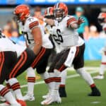 Baker Mayfield #6 of the Cleveland Browns calls a play at the line during the fourth quarter against the Los Angeles Chargers at SoFi Stadium on October 10, 2021 in Inglewood, California.
