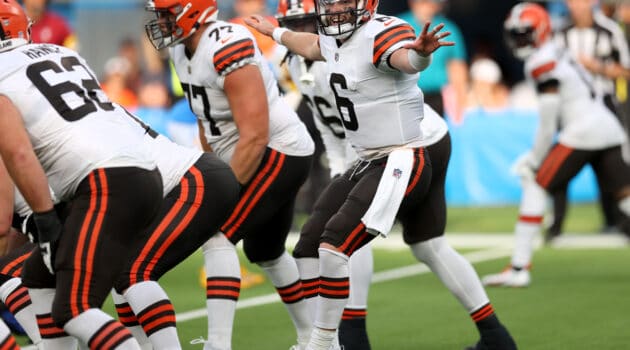Baker Mayfield #6 of the Cleveland Browns calls a play at the line during the fourth quarter against the Los Angeles Chargers at SoFi Stadium on October 10, 2021 in Inglewood, California.