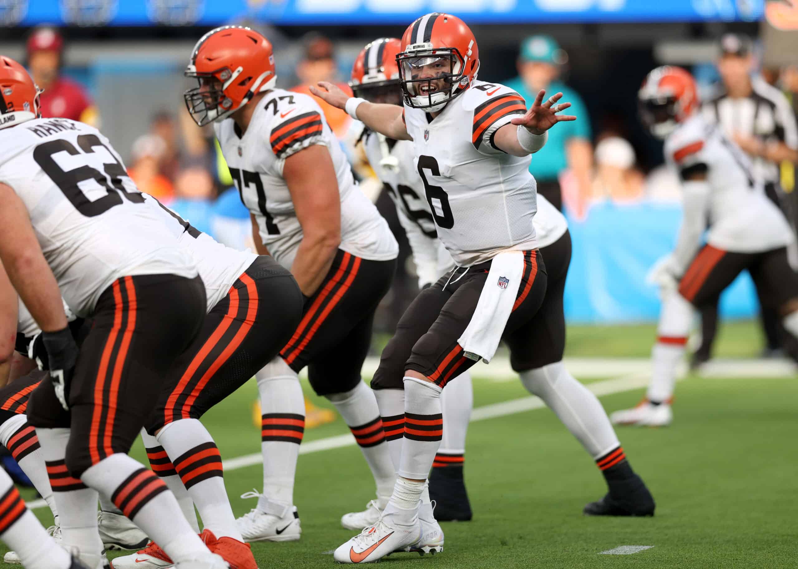 Baker Mayfield #6 of the Cleveland Browns calls a play at the line during the fourth quarter against the Los Angeles Chargers at SoFi Stadium on October 10, 2021 in Inglewood, California.