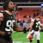 Myles Garrett #95 of the Cleveland Browns looks on after the 37-14 loss against the Arizona Cardinals at FirstEnergy Stadium on October 17, 2021 in Cleveland, Ohio.