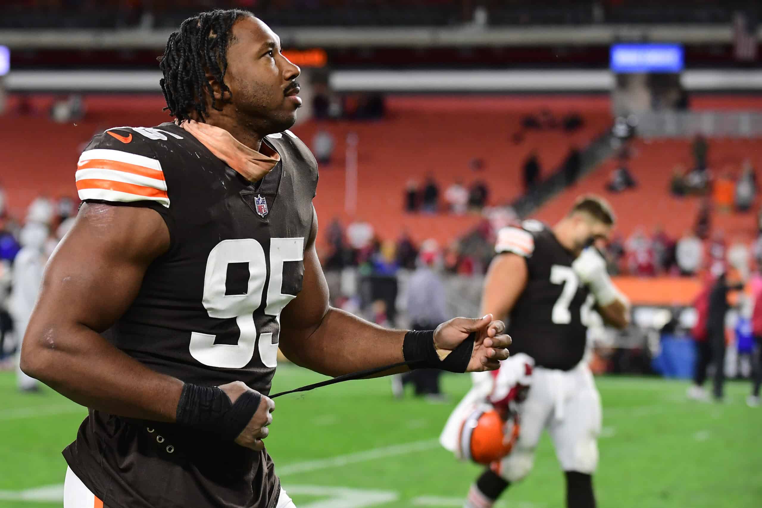 Myles Garrett #95 of the Cleveland Browns looks on after the 37-14 loss against the Arizona Cardinals at FirstEnergy Stadium on October 17, 2021 in Cleveland, Ohio. 