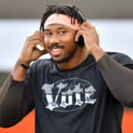 Myles Garrett #95 of the Cleveland Browns smiles during warm ups against the Cincinnati Bengals at FirstEnergy Stadium on September 17, 2020 in Cleveland, Ohio.