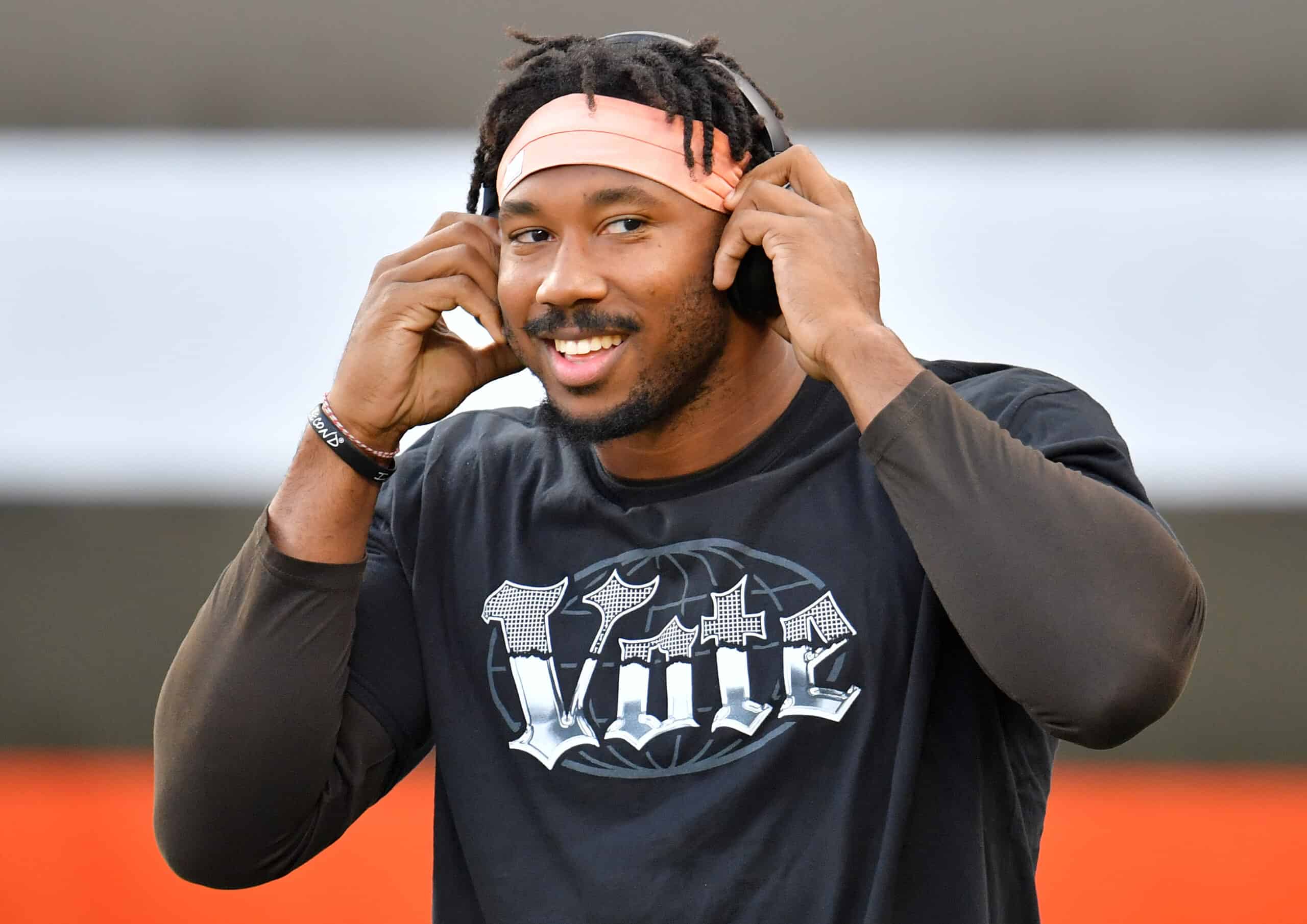 Myles Garrett #95 of the Cleveland Browns smiles during warm ups against the Cincinnati Bengals at FirstEnergy Stadium on September 17, 2020 in Cleveland, Ohio.