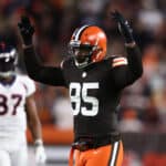 Myles Garrett #95 of the Cleveland Browns plays against the Denver Broncos at FirstEnergy Stadium on October 21, 2021 in Cleveland, Ohio.