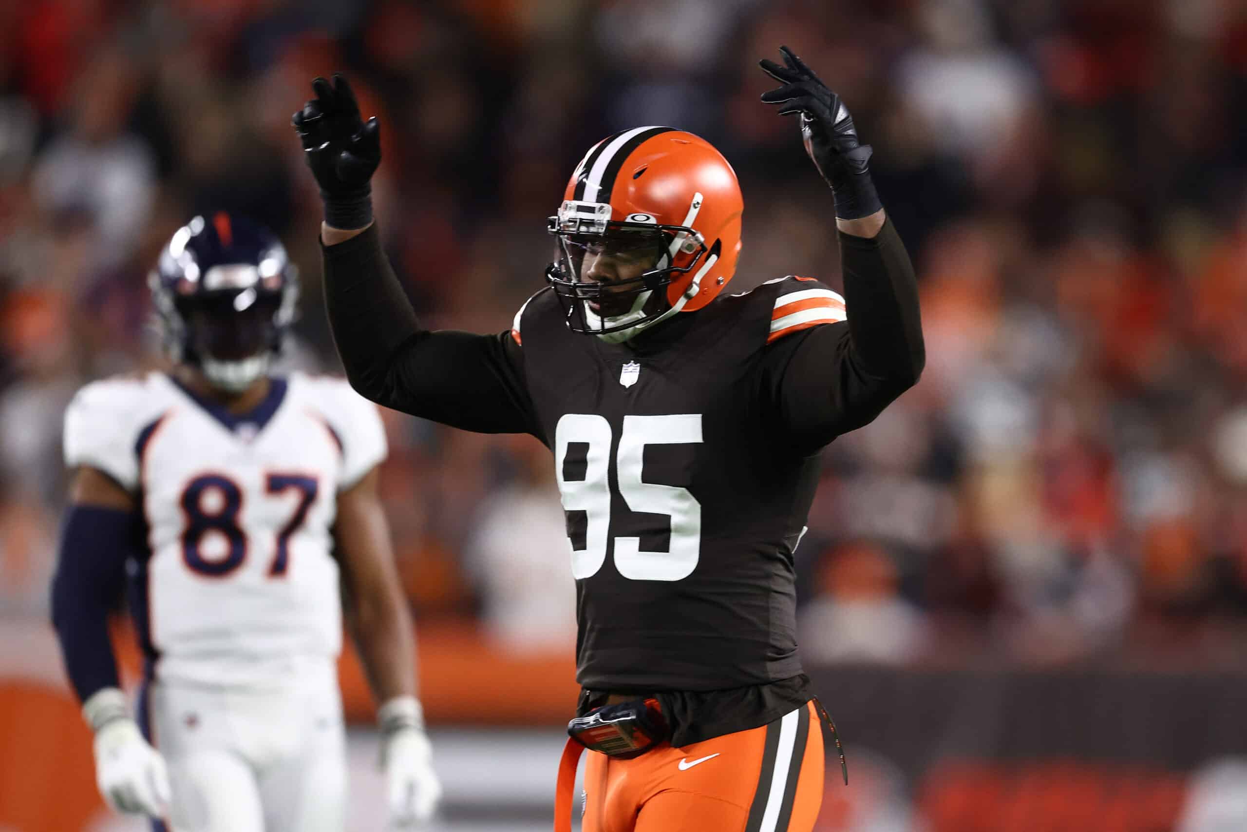 Myles Garrett #95 of the Cleveland Browns plays against the Denver Broncos at FirstEnergy Stadium on October 21, 2021 in Cleveland, Ohio. 