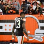 Odell Beckham Jr. #13 of the Cleveland Browns walks off the field after the 37-14 loss against the Arizona Cardinals at FirstEnergy Stadium on October 17, 2021 in Cleveland, Ohio.