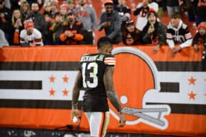 Odell Beckham Jr. #13 of the Cleveland Browns walks off the field after the 37-14 loss against the Arizona Cardinals at FirstEnergy Stadium on October 17, 2021 in Cleveland, Ohio.