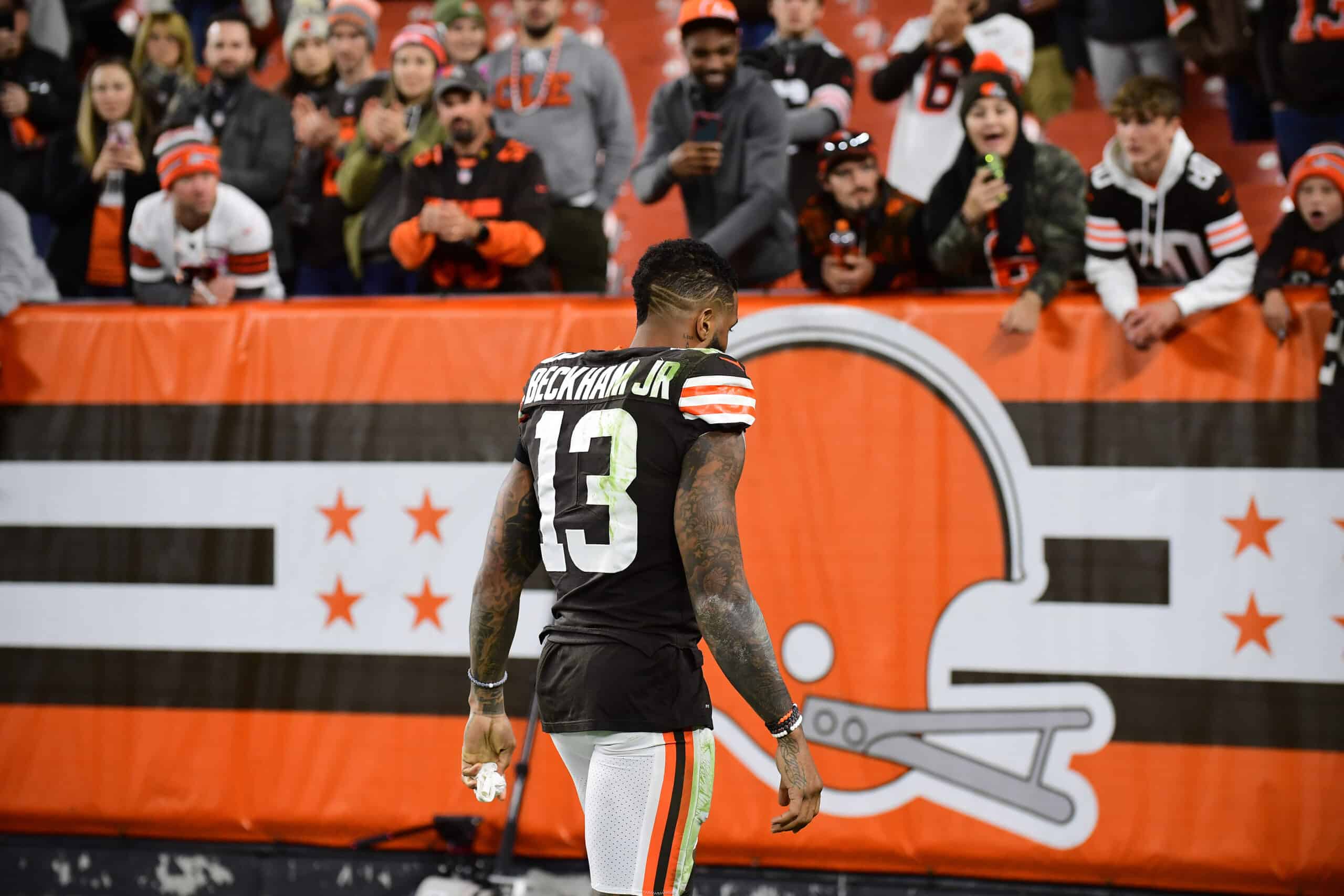 Odell Beckham Jr. #13 of the Cleveland Browns walks off the field after the 37-14 loss against the Arizona Cardinals at FirstEnergy Stadium on October 17, 2021 in Cleveland, Ohio.