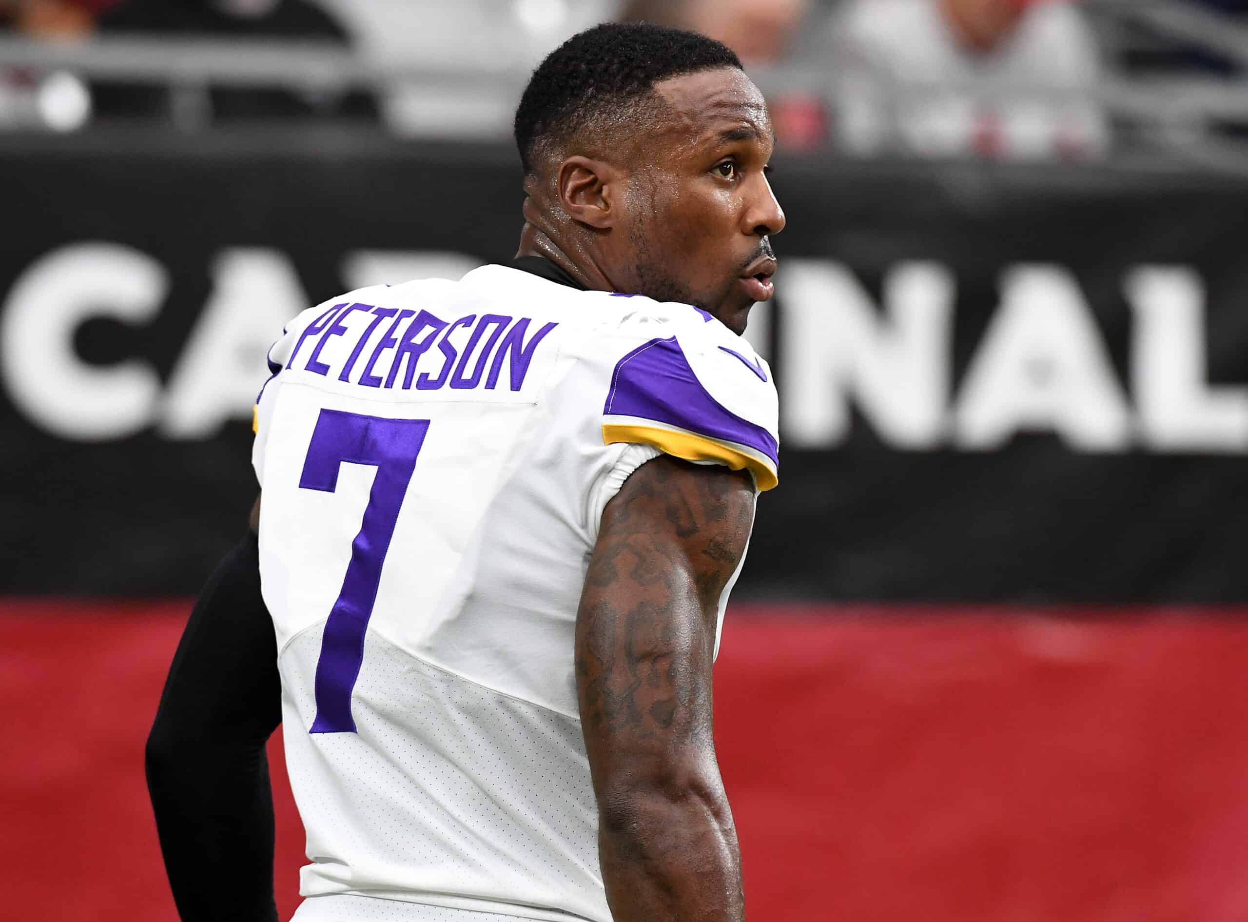 Patrick Peterson #7 of the Minnesota Vikings looks on during warm-up before the game against the Arizona Cardinals at State Farm Stadium on September 19, 2021 in Glendale, Arizona. 