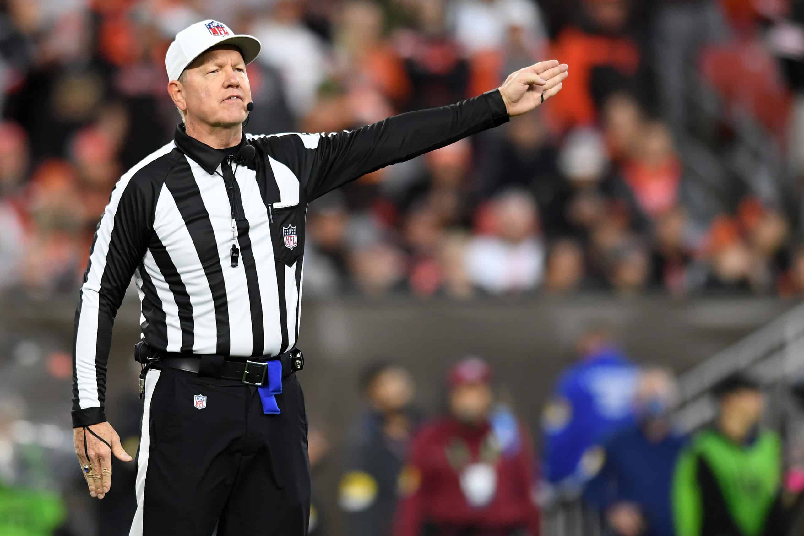 Referee Carl Cheffers #51 calls a defensive penalty during the fourth quarter of the game between the Cleveland Browns and the Arizona Cardinals at FirstEnergy Stadium on October 17, 2021 in Cleveland, Ohio.